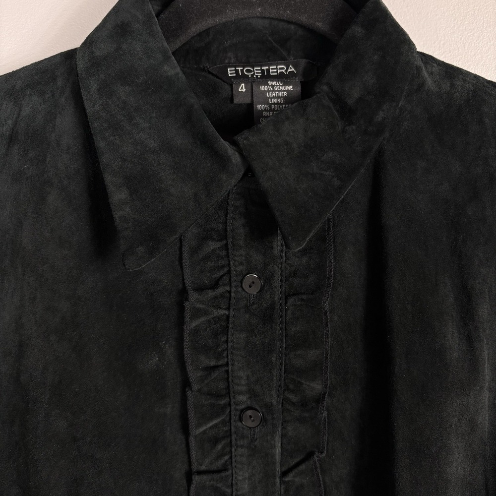 Etcetera Women's 4 Black 100% Geniune Leather Button Front Ruffle Detail Shirt